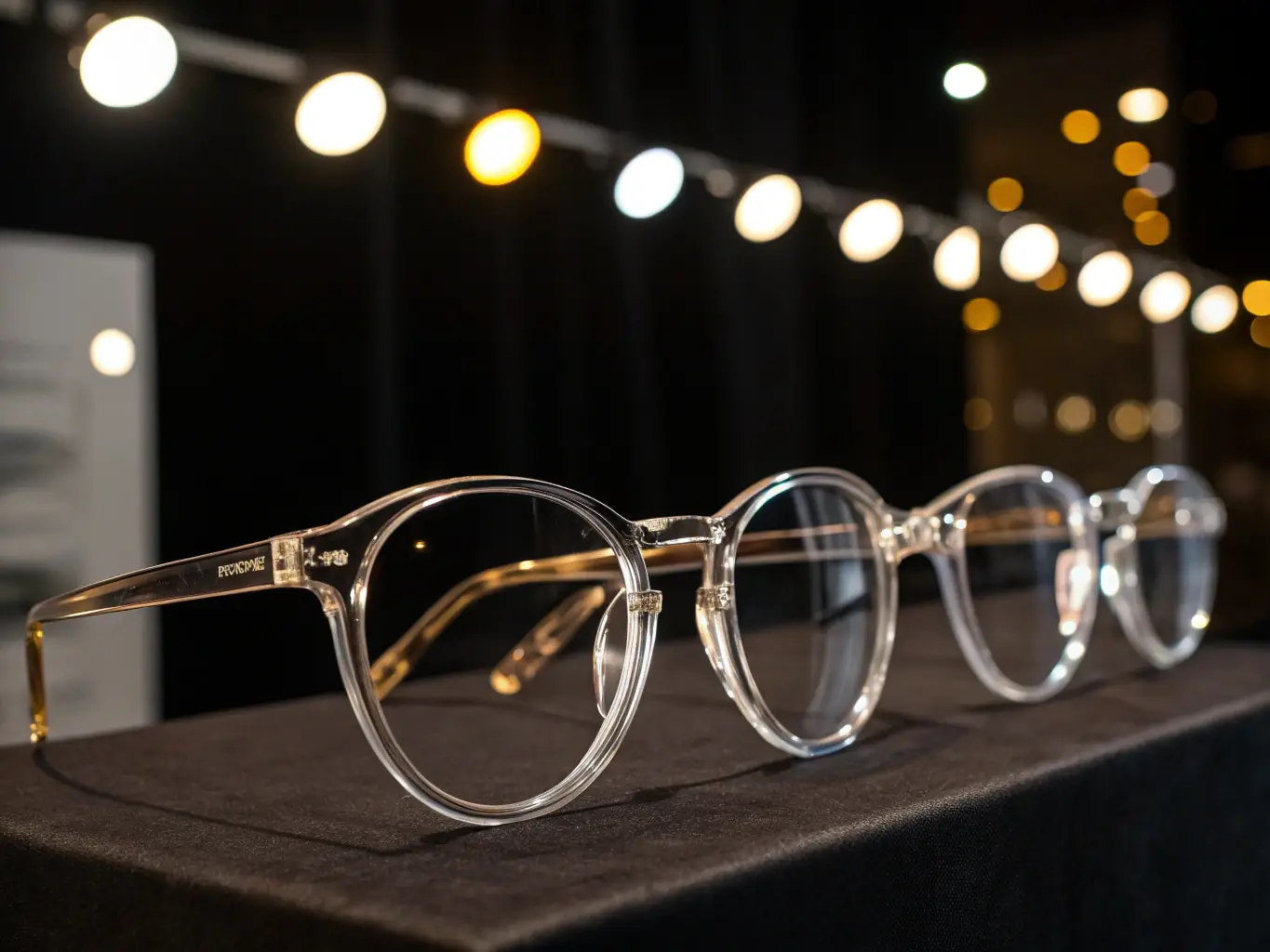 A close-up shot of a person wearing stylish, modern eyeglasses with a thin, gold frame. The background is blurred, highlighting the clarity of the lenses and the frame's design. The lighting is soft and natural, emphasizing the wearer's features and the elegance of the glasses.
